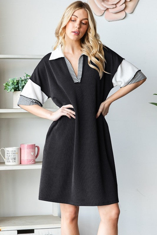 Short Sleeve Mandarin Collar Rib Dress