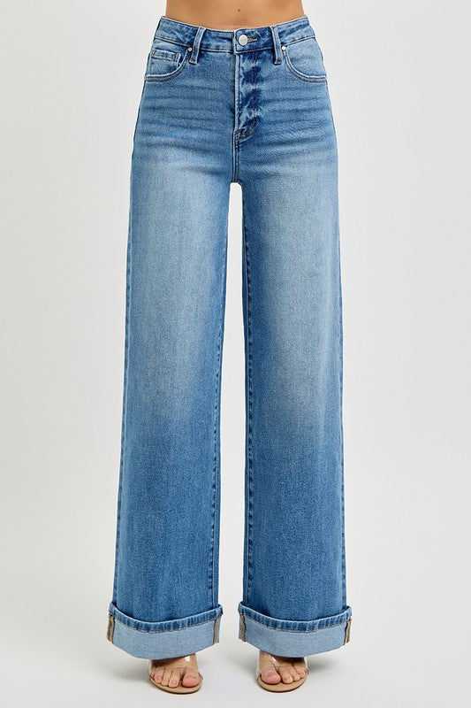 Risen Tummy Control High Rise Wide Cuffed Jeans