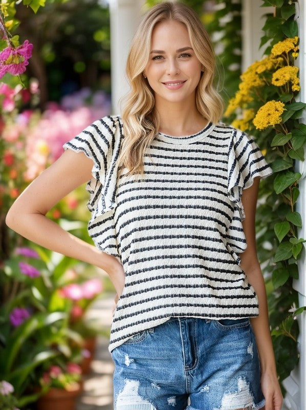 Ruffled Sleeve Stripe Top