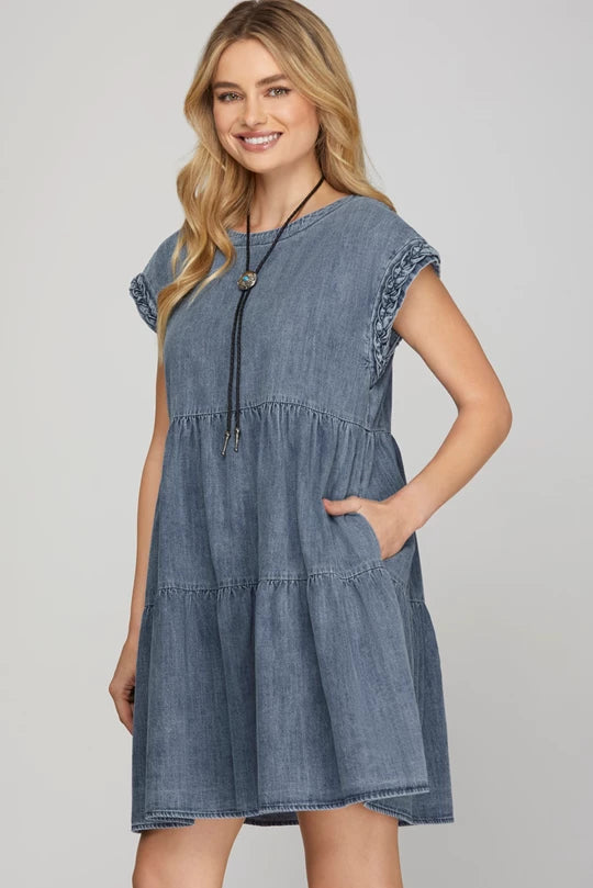 She and Sky Denim Tiered Dress