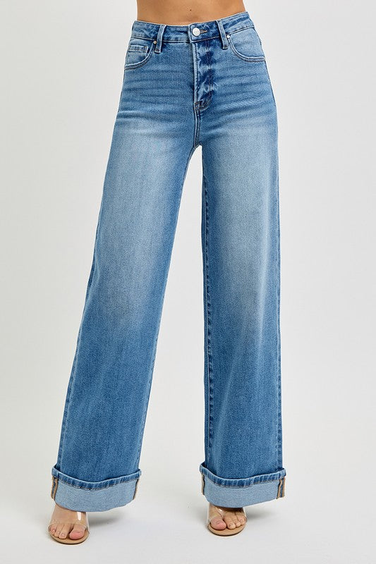 Risen Tummy Control High Rise Wide Cuffed Jeans