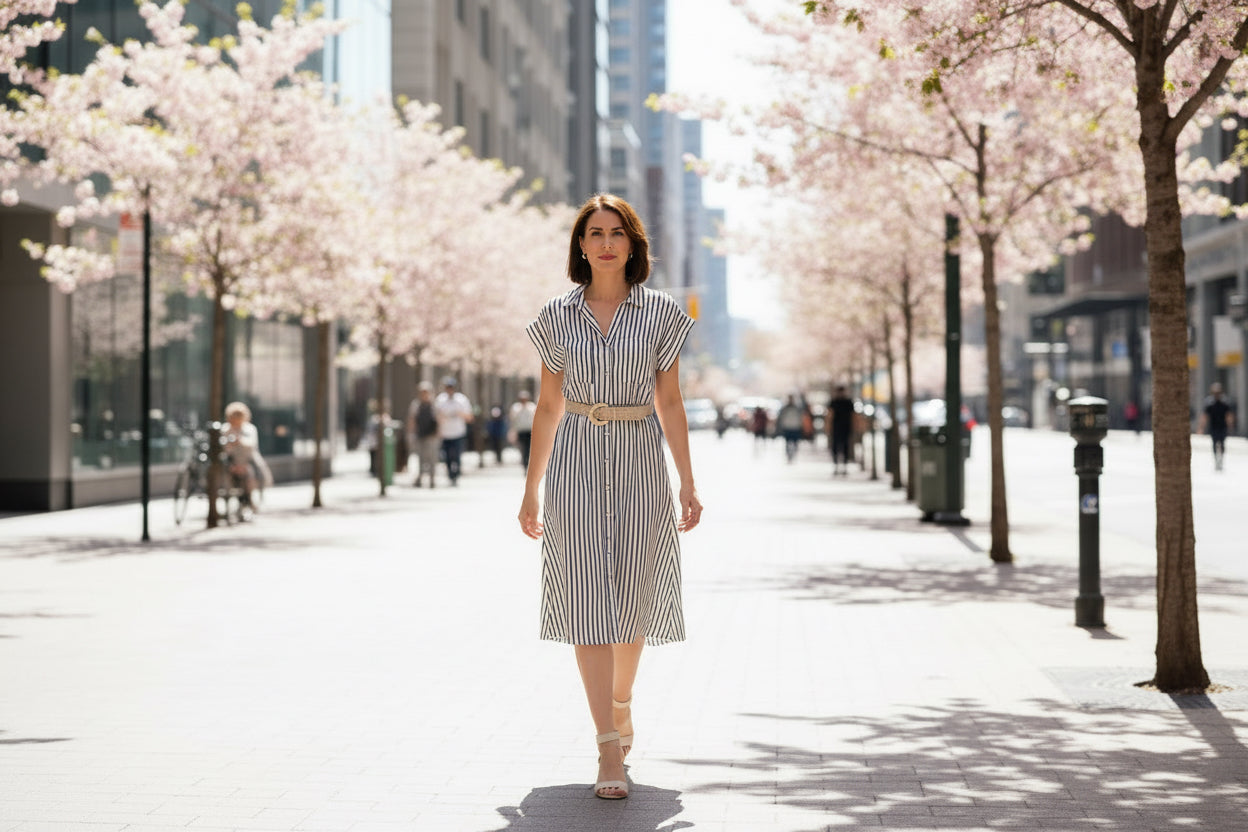 Striped Button Up Dress with Belt