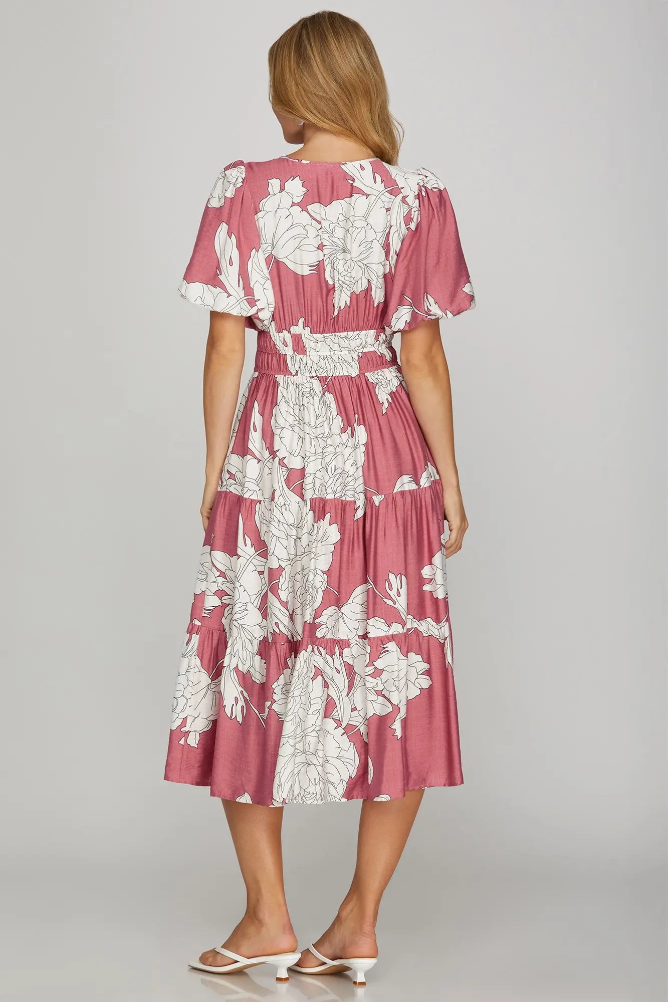 Bubble Sleeve Printed Midi Dress