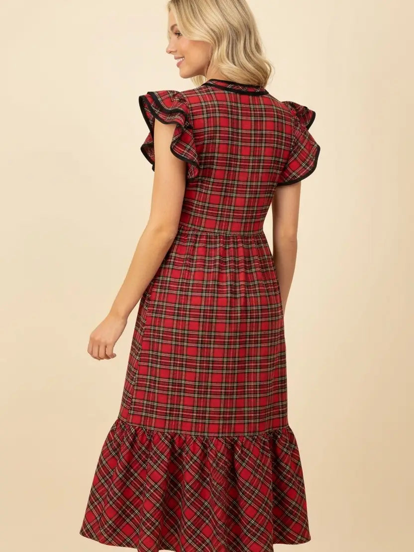 Plaid Ruffle Sleeve Tiered Midi Dress