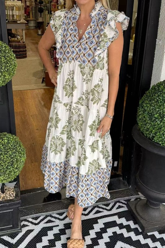 Ruffle Sleeve V Neck Print Dress