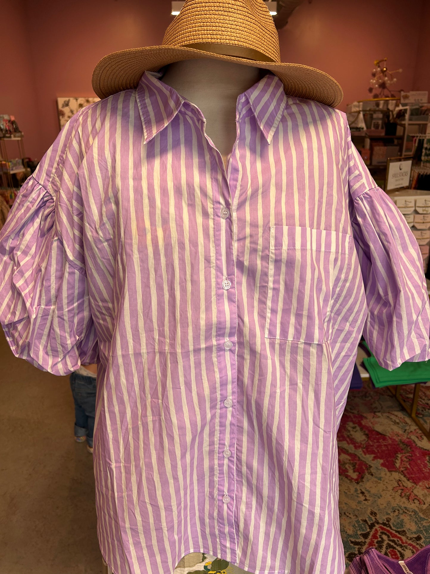Striped Bubble Sleeve Buttondown- Lilac
