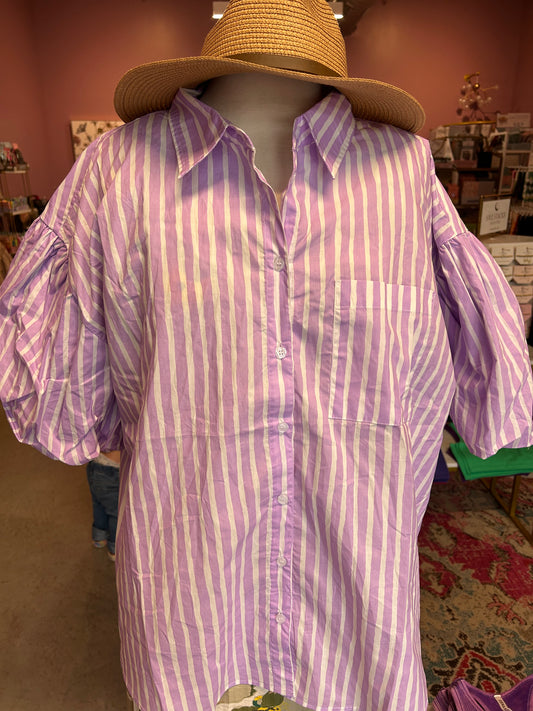 Striped Bubble Sleeve Buttondown- Lilac