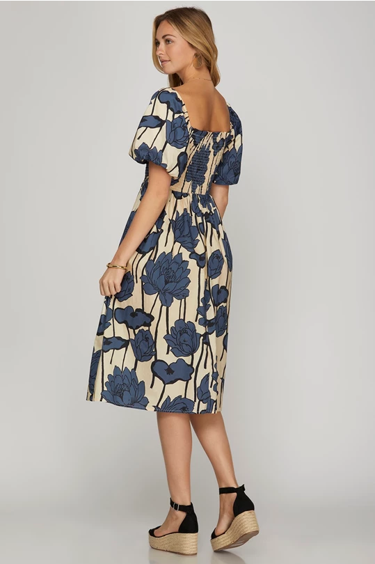 SMOCKED WOVEN FLORAL PRINT MIDI DRESS