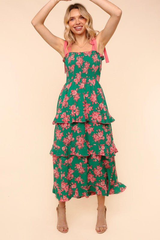 Green and Coral Floral Tiered Dress with Pockets