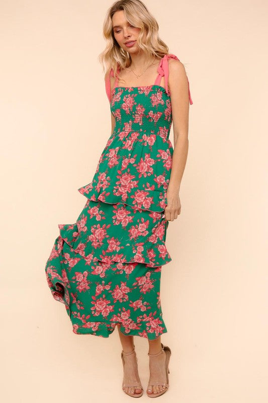 Green and Coral Floral Tiered Dress with Pockets