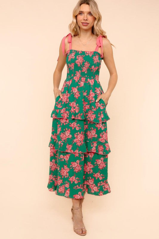 Green and Coral Floral Tiered Dress with Pockets