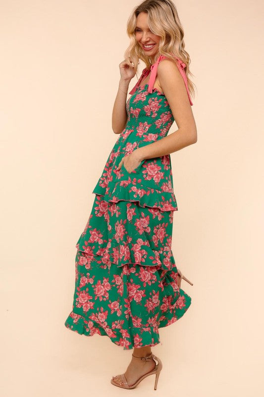 Green and Coral Floral Tiered Dress with Pockets
