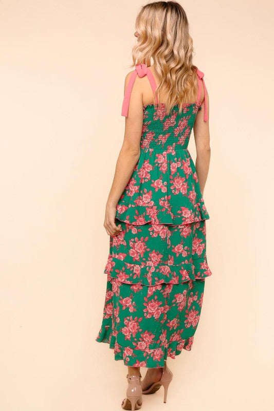 Green and Coral Floral Tiered Dress with Pockets