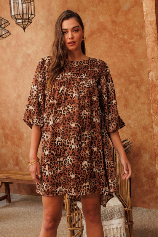Leopard Print Woven Babydoll Mini Dress