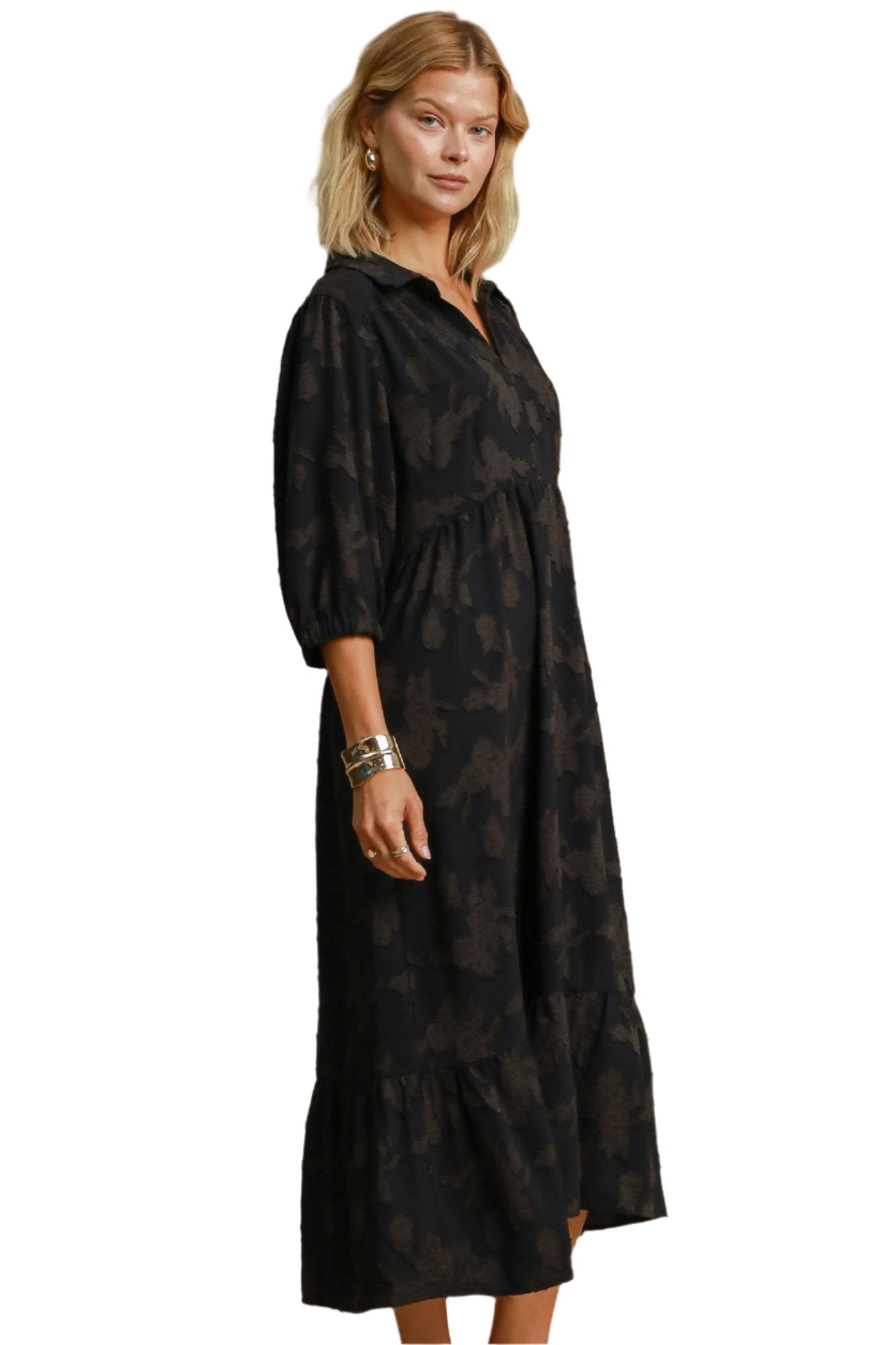 Textured Floral Print Midi Dress