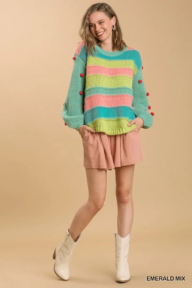 Color Block Pullover Sweater with Pom Pom Sleeves