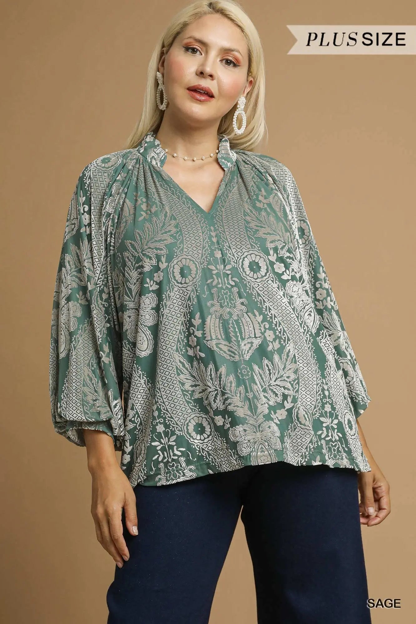Damask Print Velvet Split Neck Top