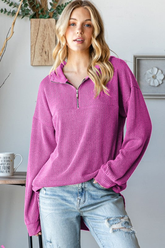 Long Solid Ribbed Hoodie with Half Zip