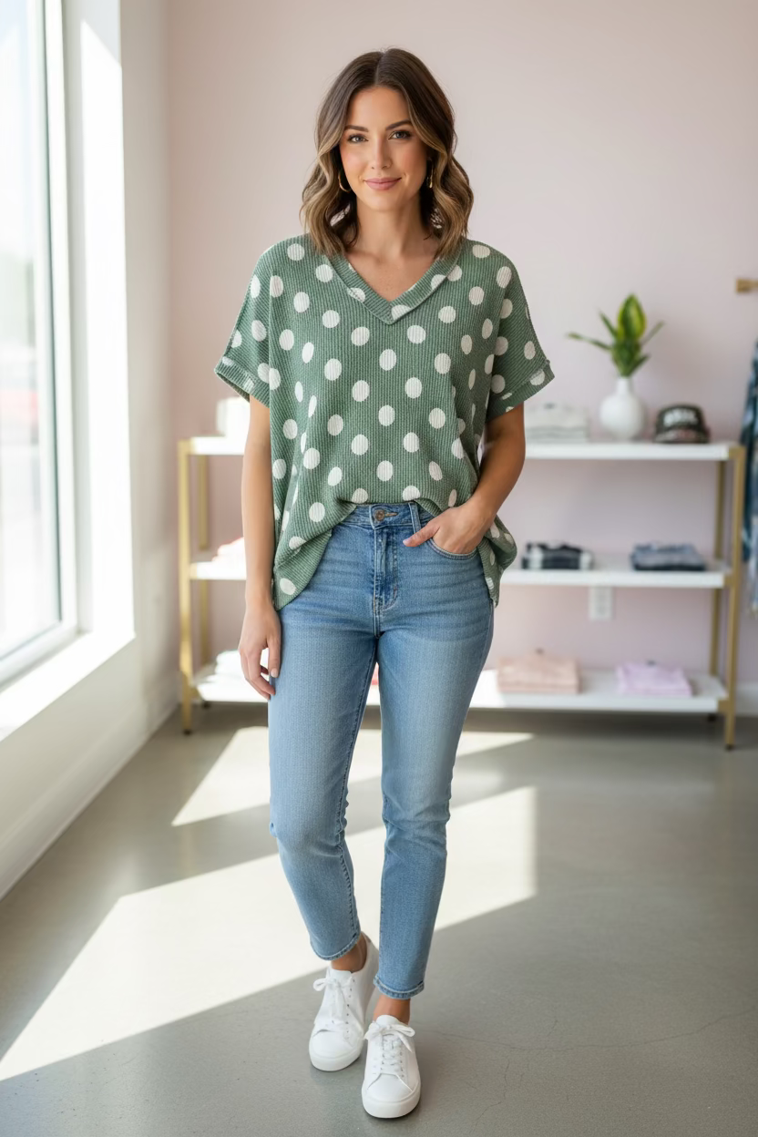 Vintage Olive Ribbed Polka Dot Top
