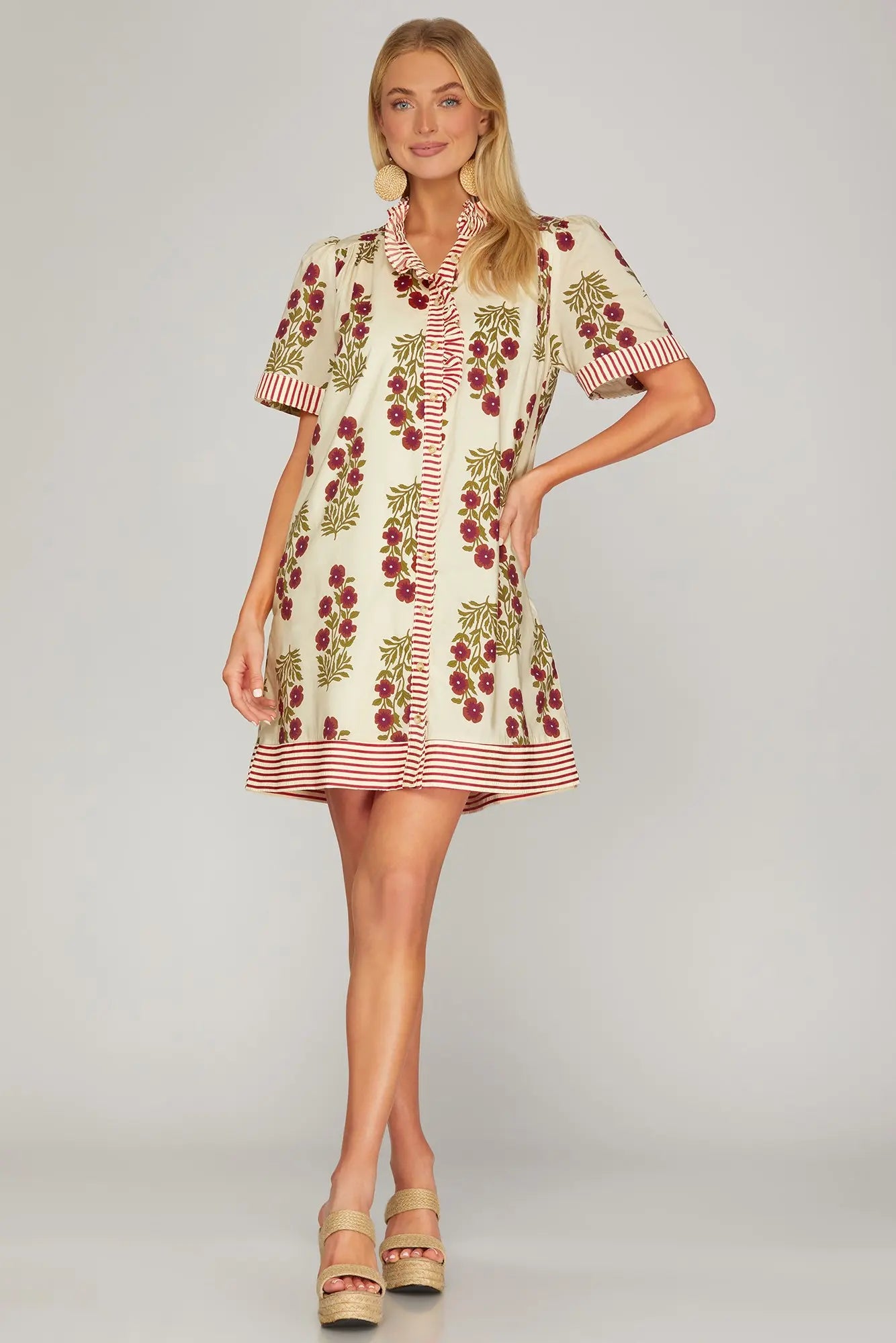 Short Sleeve Ruffled Neck Mini Dress
