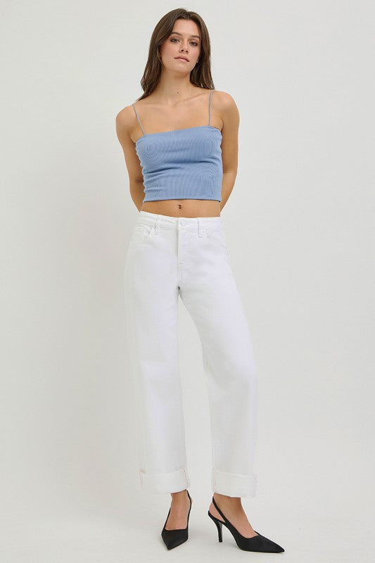 Cropped Wide Cuffed Hem Denim Jeans