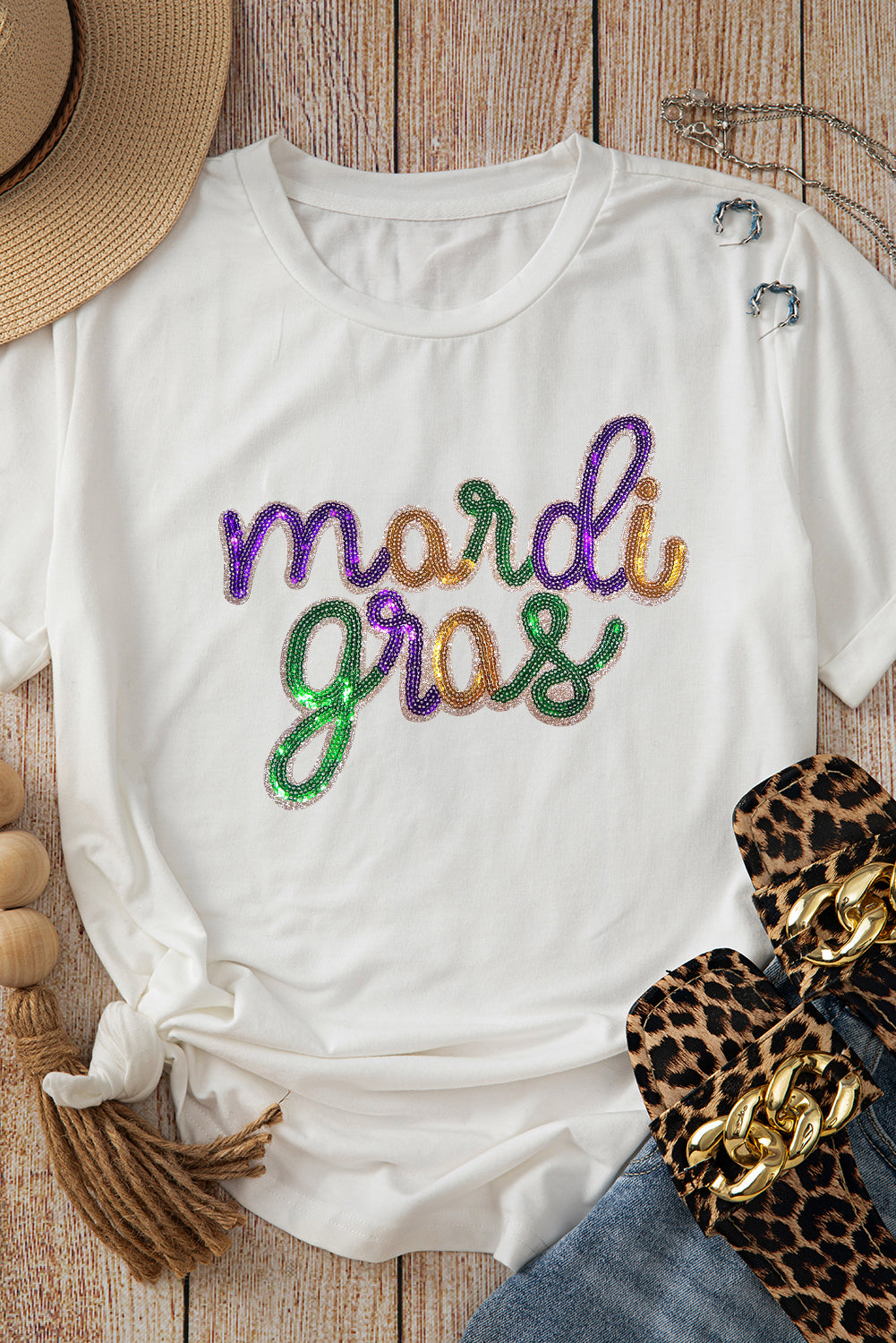 White Sequin mardi gras Letter Print Crewneck Tee