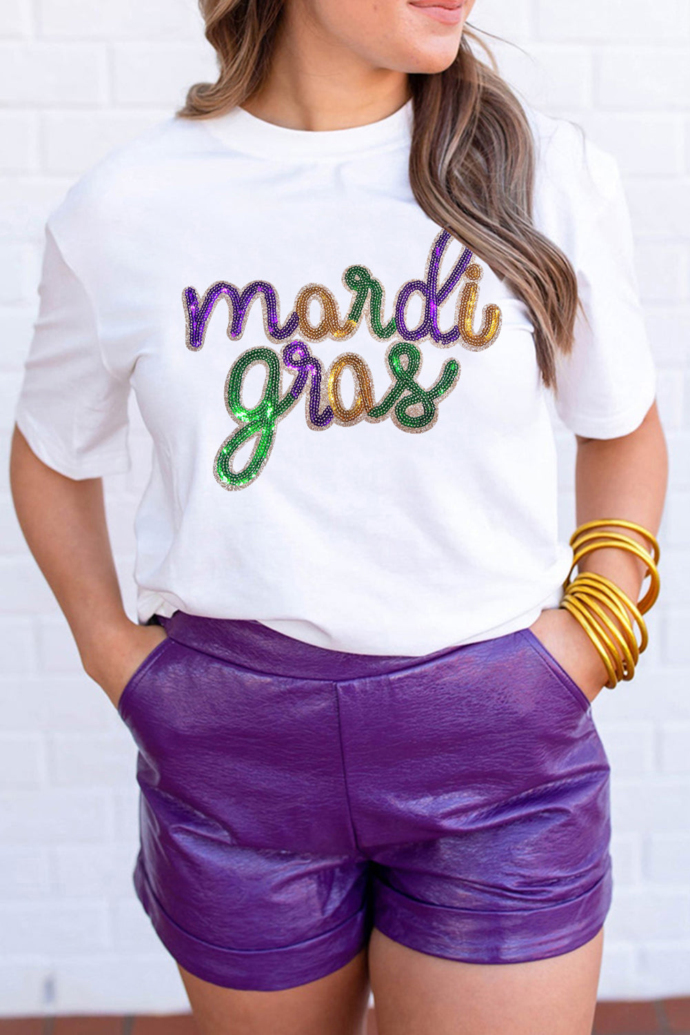 White Sequin mardi gras Letter Print Crewneck Tee