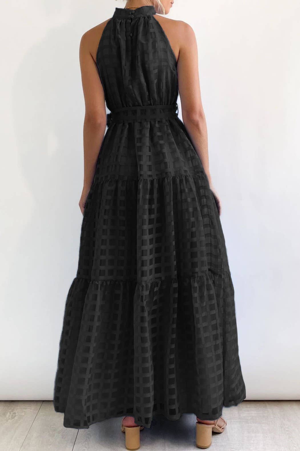 Clear mesh checker plaid halter maxi dress