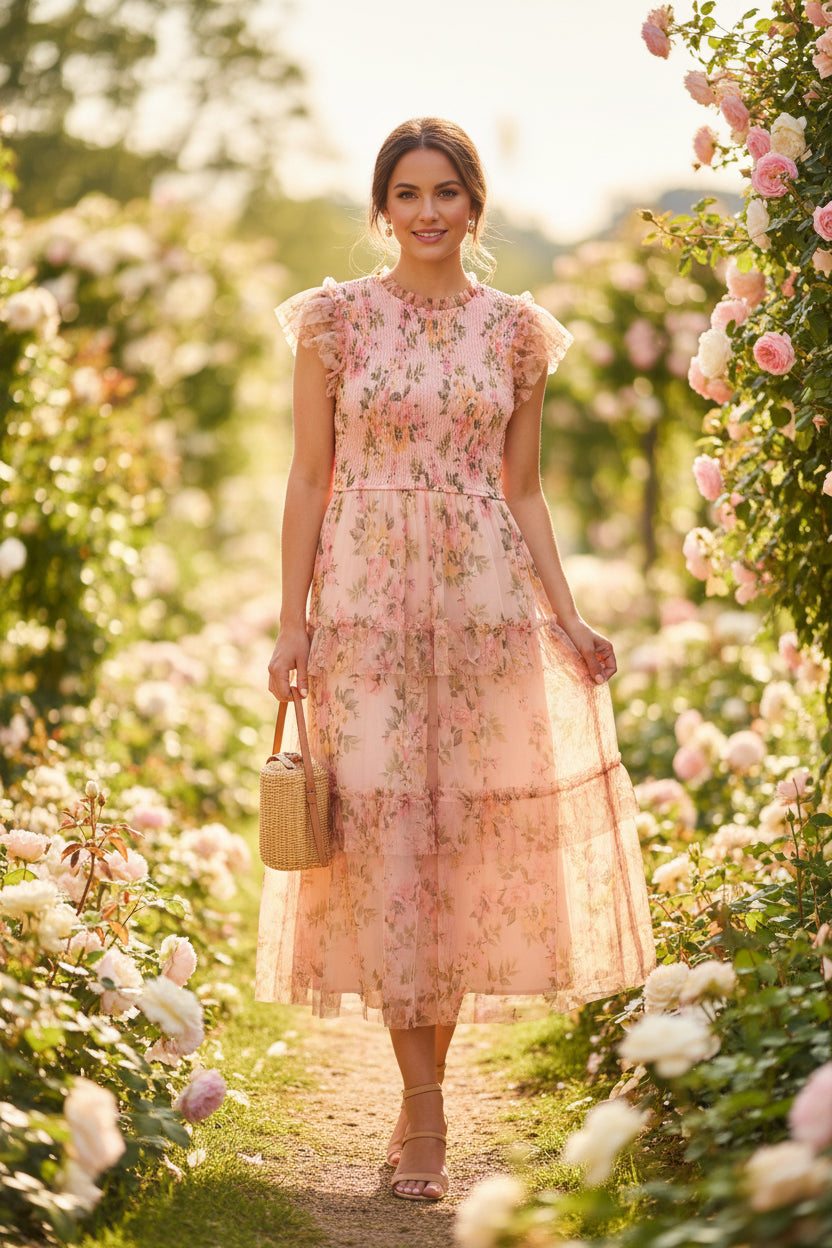 Floral Tulle Pattern Smocked Midi Dress