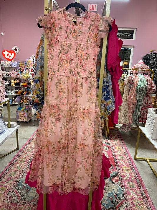 Floral Tulle Pattern Smocked Midi Dress