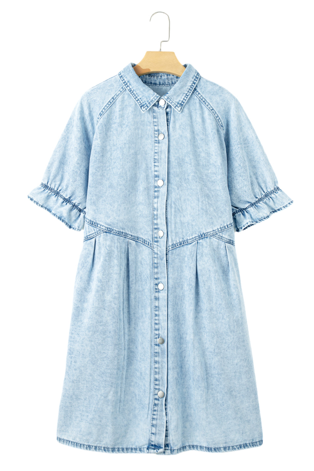 Blue Mineral Washed Ruffled Short Sleeve Pocketed Denim Dress