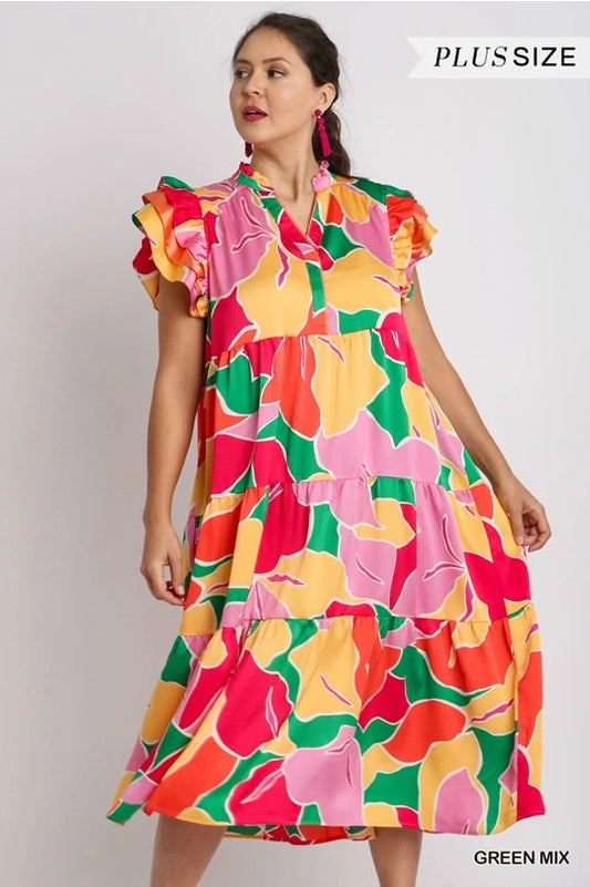 Umgee Abstract Print A-Line Ruffle Neck Maxi Dress