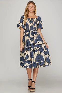 SMOCKED WOVEN FLORAL PRINT MIDI DRESS