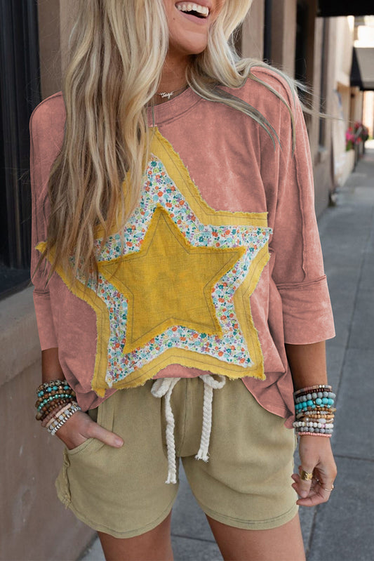 Rose Tan Floral Star Patched Exposed Seam Top