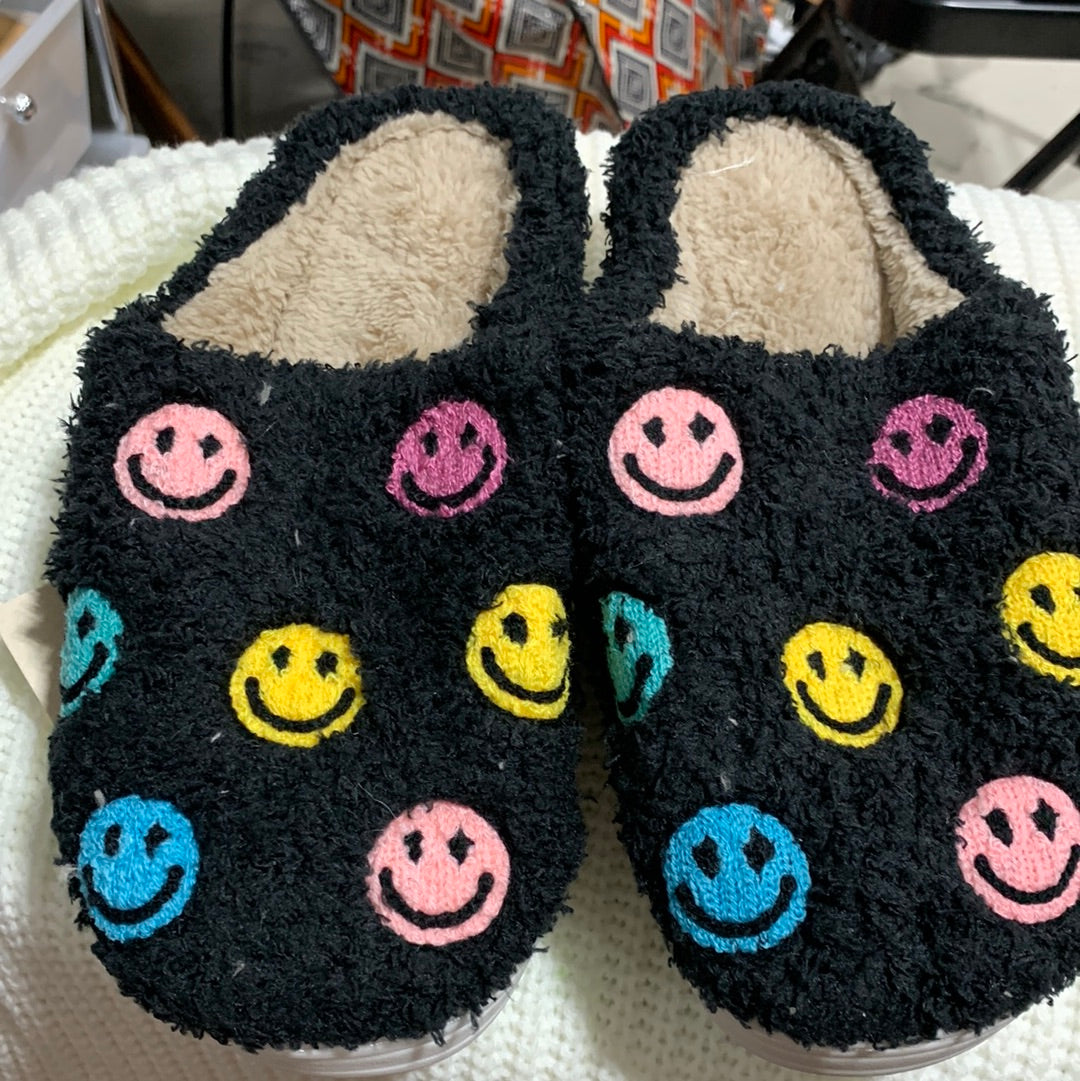 Black Slippers with Colorful Smiley Faces