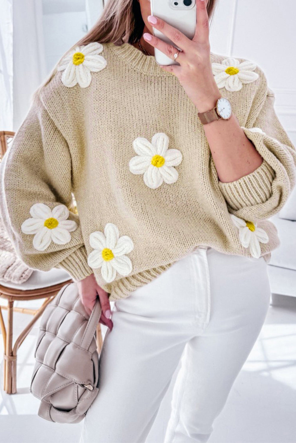 White 3D Flower Detail Loose Sweater