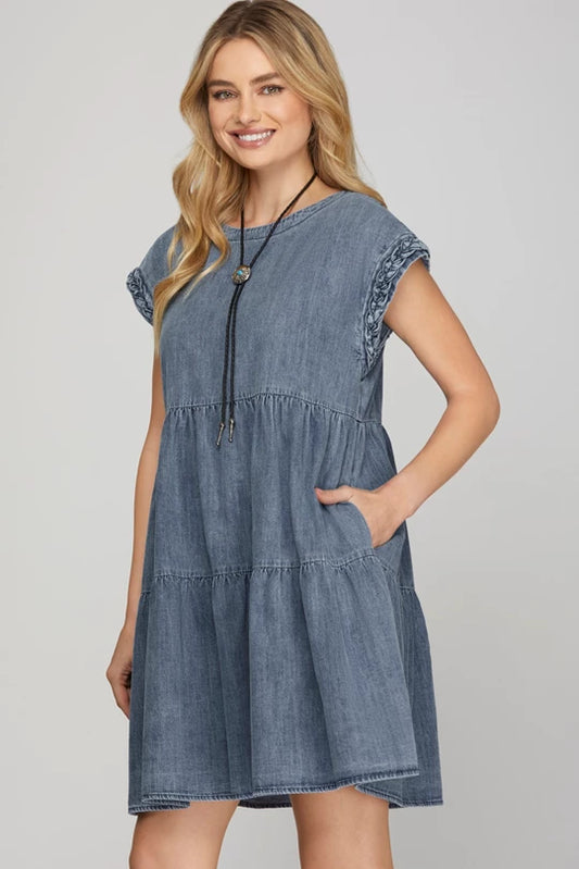 She and Sky Denim Tiered Dress