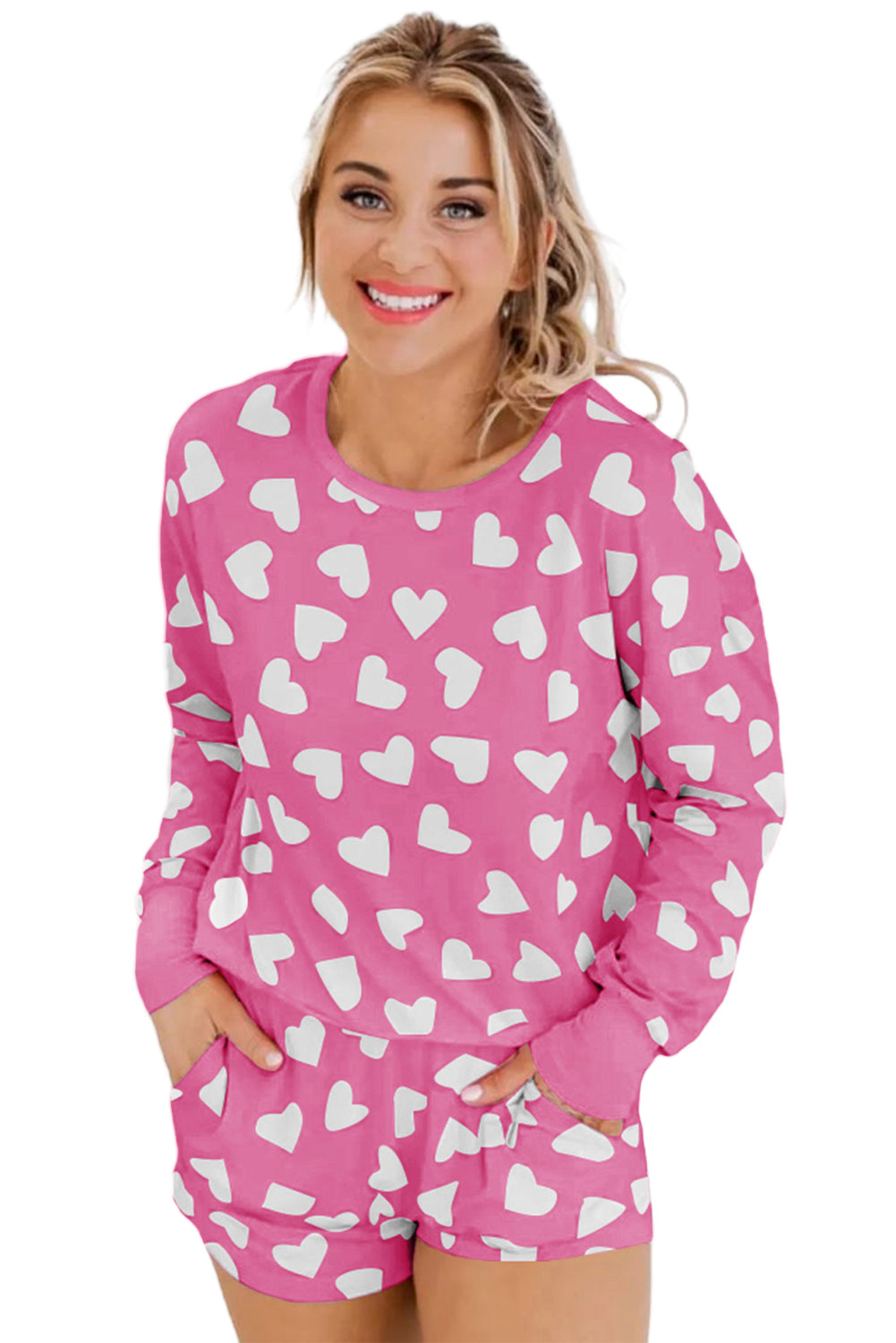 Pink Heart Print Long Sleeve Top and Shorts Loungewear Set