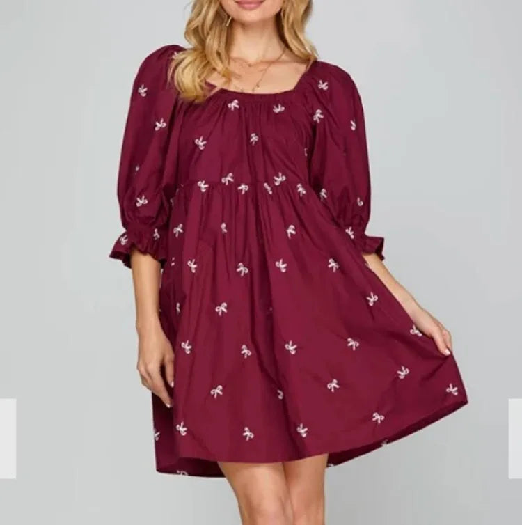 Bow Embroidered Dress