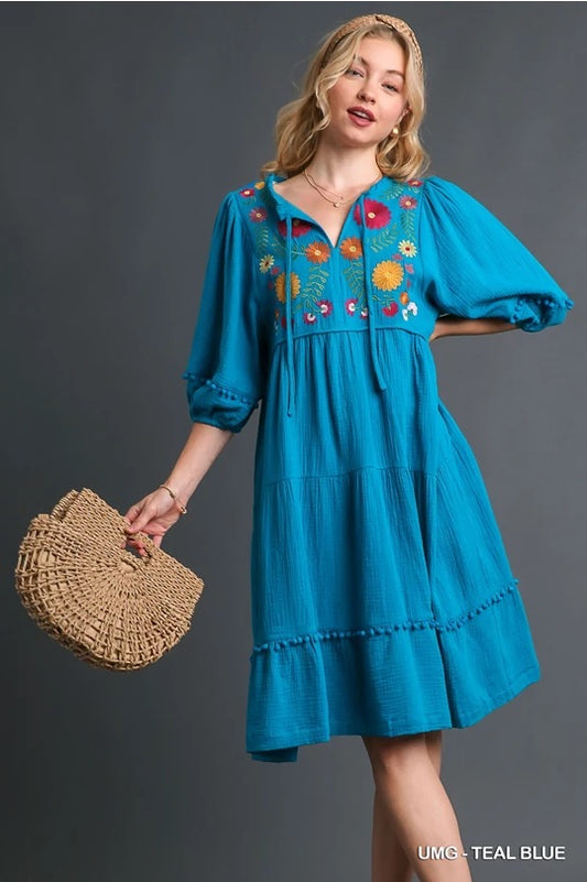 Cotton Gauze Floral Embroidery Tiered Dress Umgee