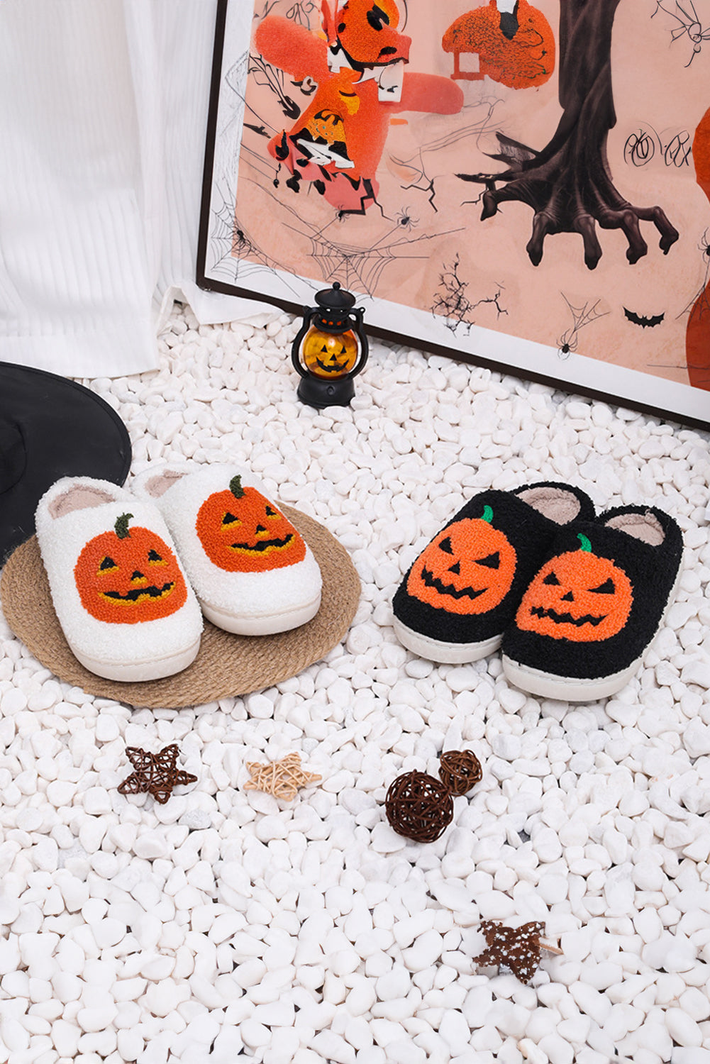 White Halloween Pumpkin Print Plush Slippers