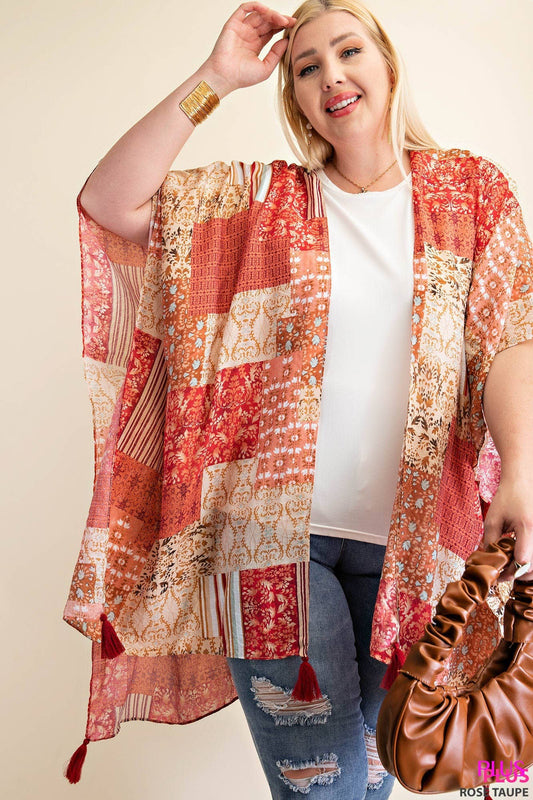 Soft Patchwork Printed Fabric Kimono with Tassel