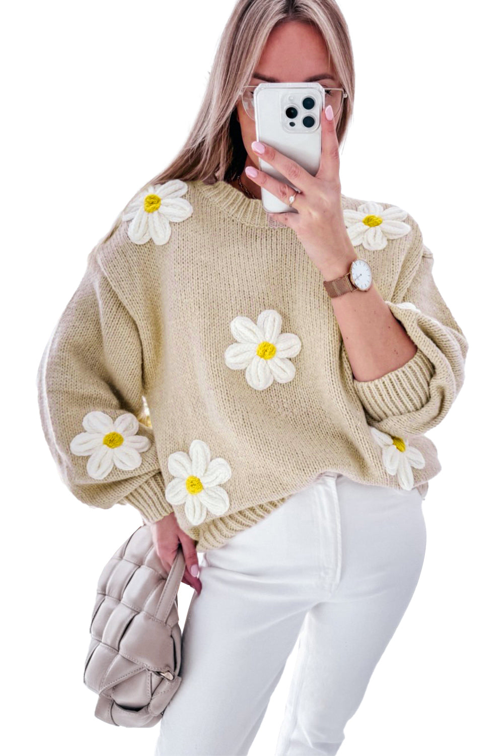 White 3D Flower Detail Loose Sweater