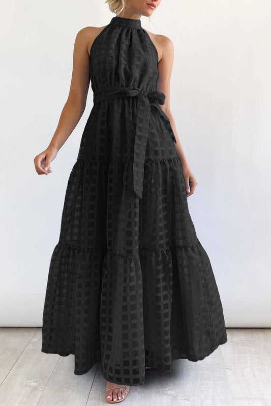 Clear mesh checker plaid halter maxi dress