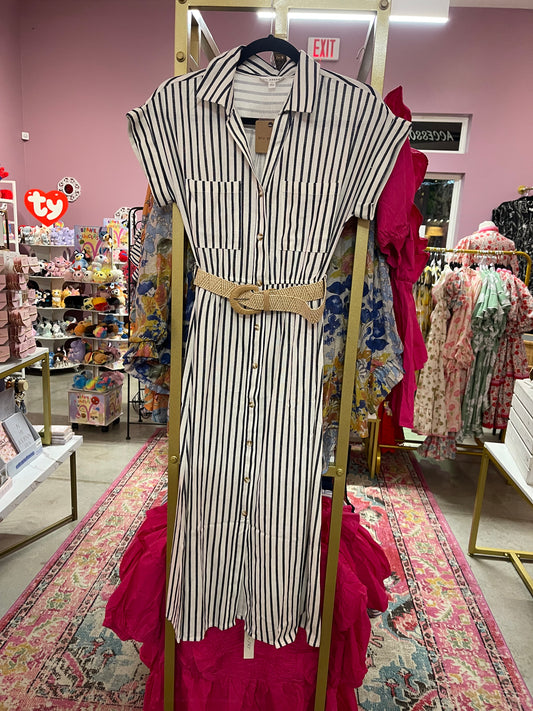 Striped Button Up Dress with Belt