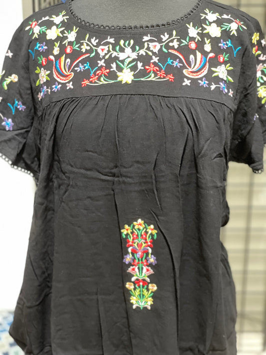 Black Embroidered Gauze Top