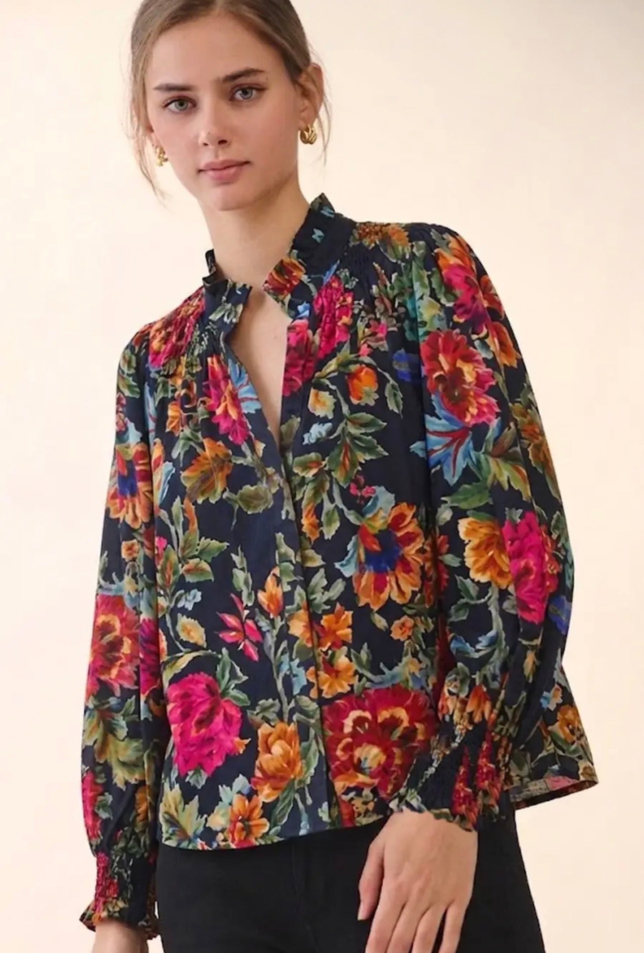 Vintage Floral Printed Button Down Blouse