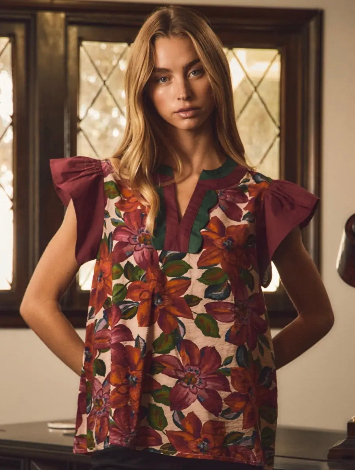 Maroon and Forest Floral Top