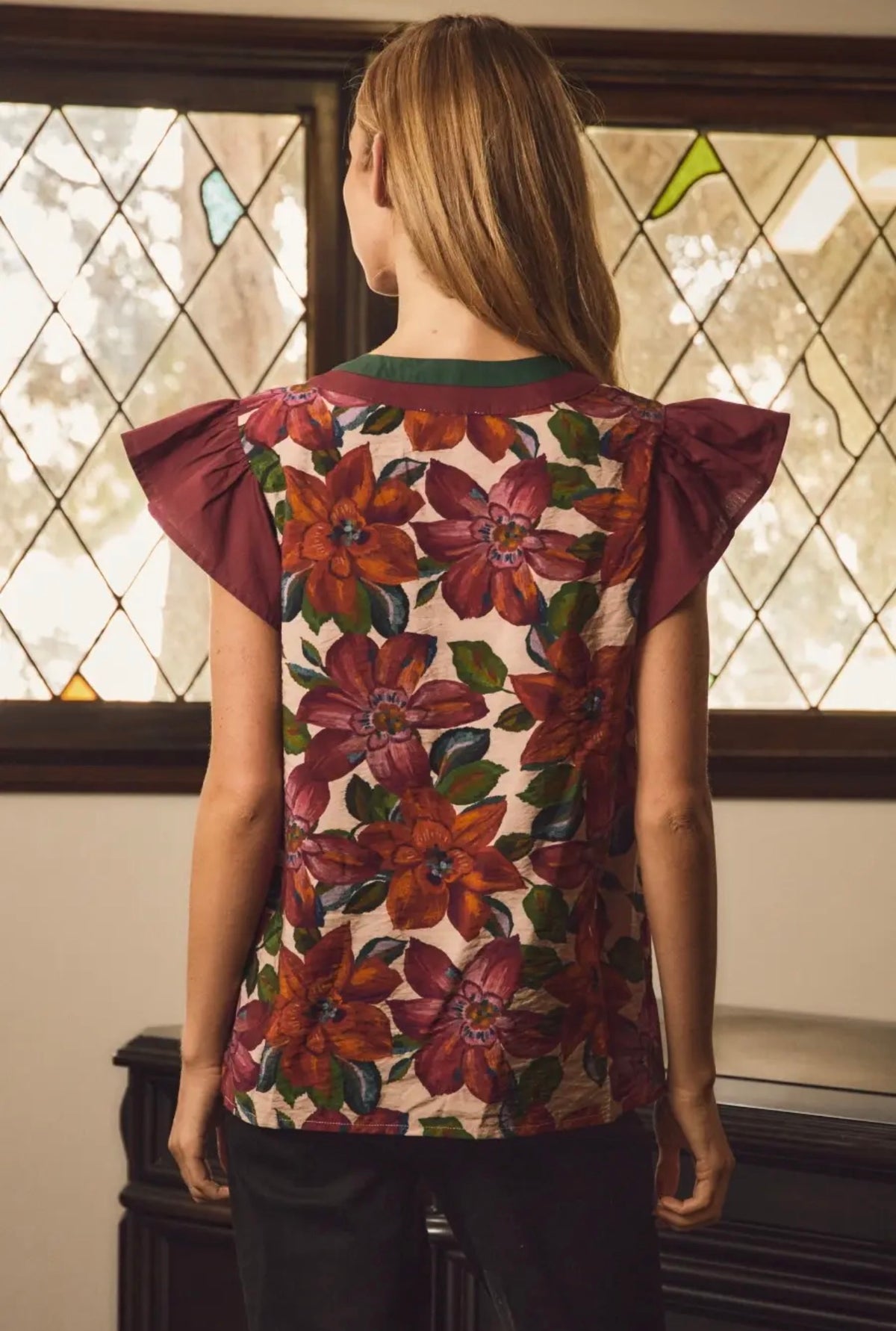 Maroon and Forest Floral Top