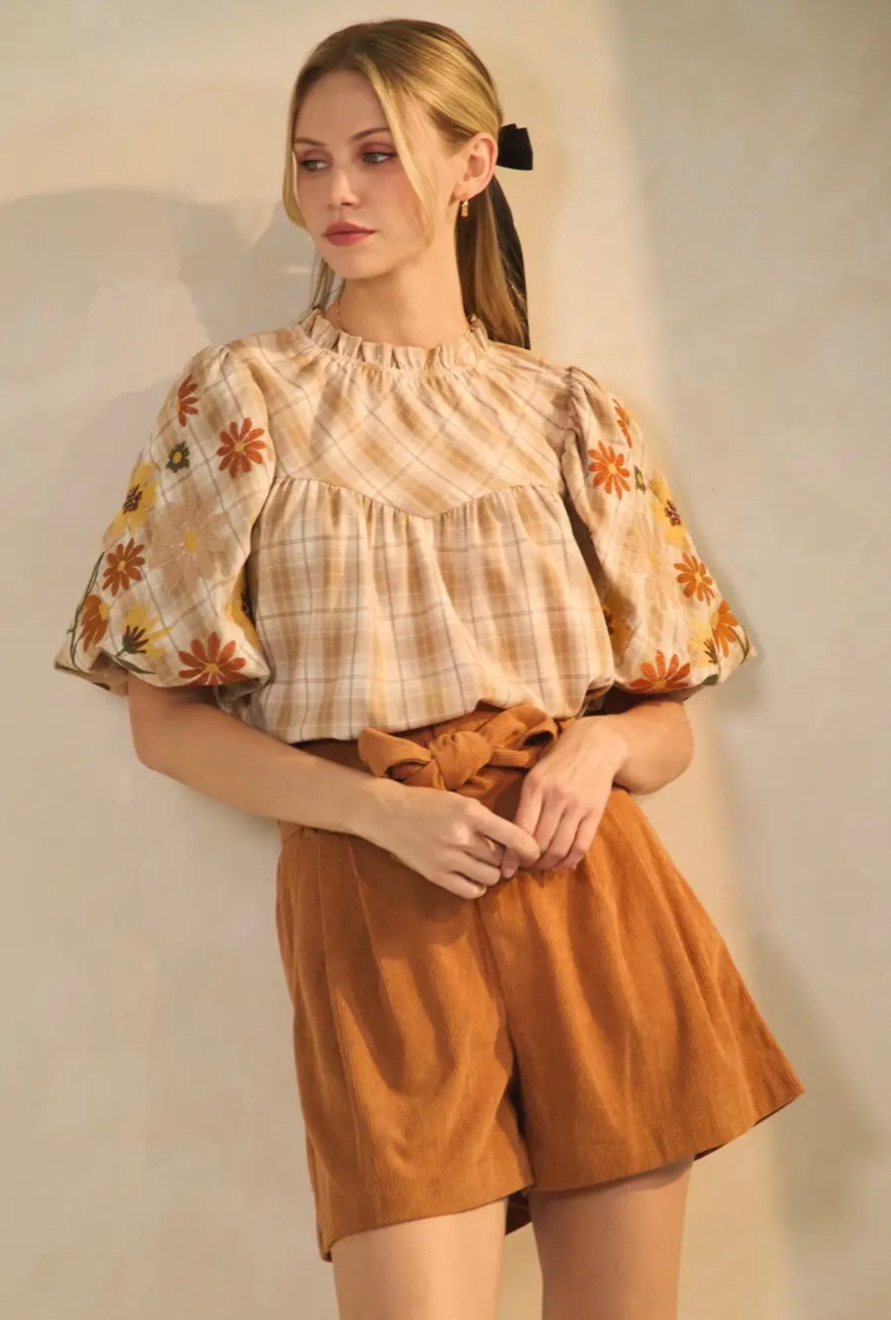 Plaid Puff Sleeve Blouse